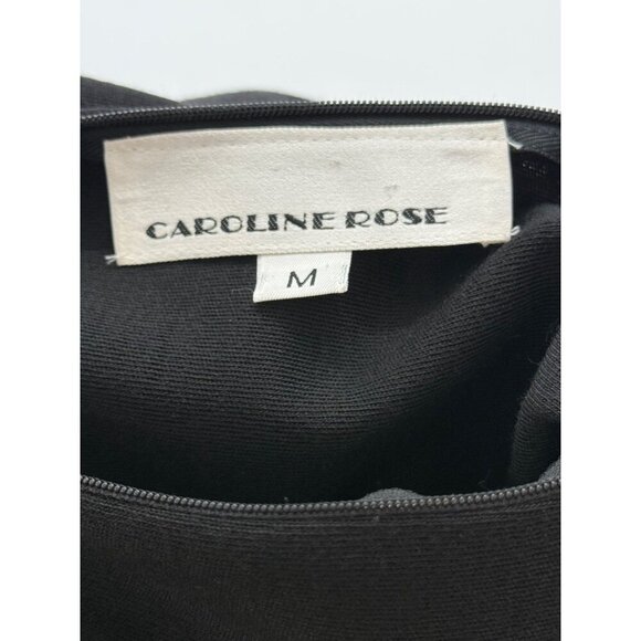 Caroline Rose Black Wool Dress Leather Trim Retro Shoulder Pads Pockets Size M - Picture 9 of 14